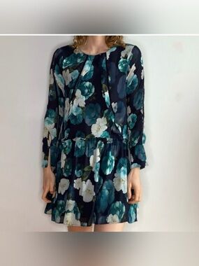 Adelyn Rae Tiered Floral Mini Dress with Teal & White Blooms